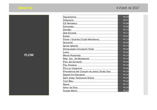 Dansa Ara 4 d’abril de 2017
Aiguamarina PL03
Antaviana PL01
CE Montseny PL08
Cervantes PL09
Del Mar PL12
dels Encants PL11
Esclat PL07
Ferrer I Guardia (Ciutat Meridiana) PL13
Guinardó PL05
Ignasi Iglesias PL14
Immaculada Concepció Horta PL24
Lexia PL02
Mercè Rodoreda PL10
Ntra. Sra . De Montserrat PL15
Parc del Guinardó PL04
Pau Romeva PL16
Pia Luz Casanova PL06
Providencia del Corazón de Jesús (Scala Dei) PL18
Sagrat Cor-Diputació PL19
Sant Josep Teresianes Gràcia PL20
Turó Blau PL22
Àgora PL17
Amor de Dios PL25
Ausiàs March PL23
PLOM
 