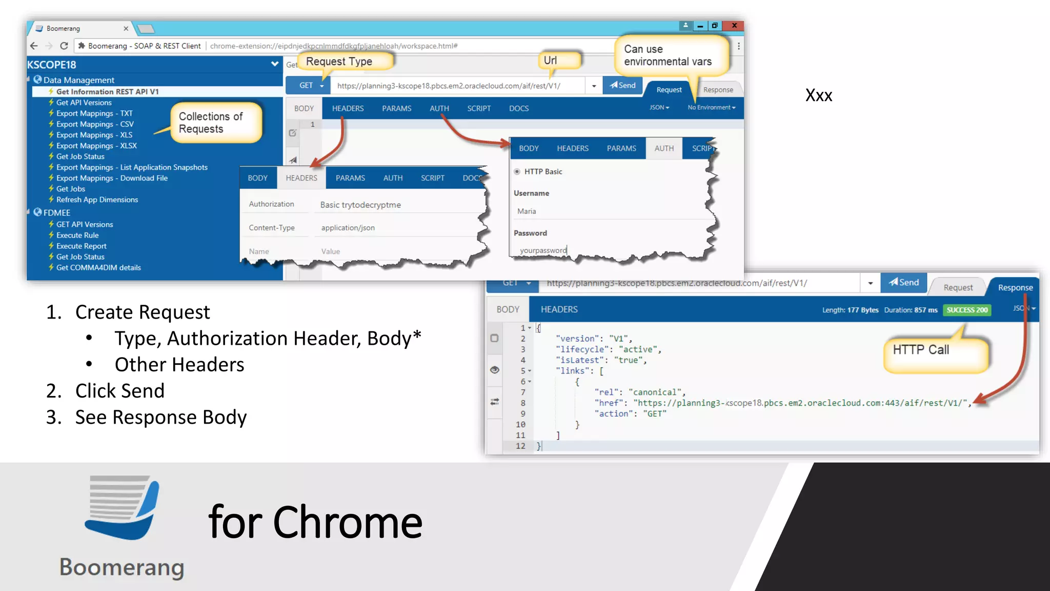 for Chrome
1. Create Request
• Type, Authorization Header, Body*
• Other Headers
2. Click Send
3. See Response Body
Xxx
 