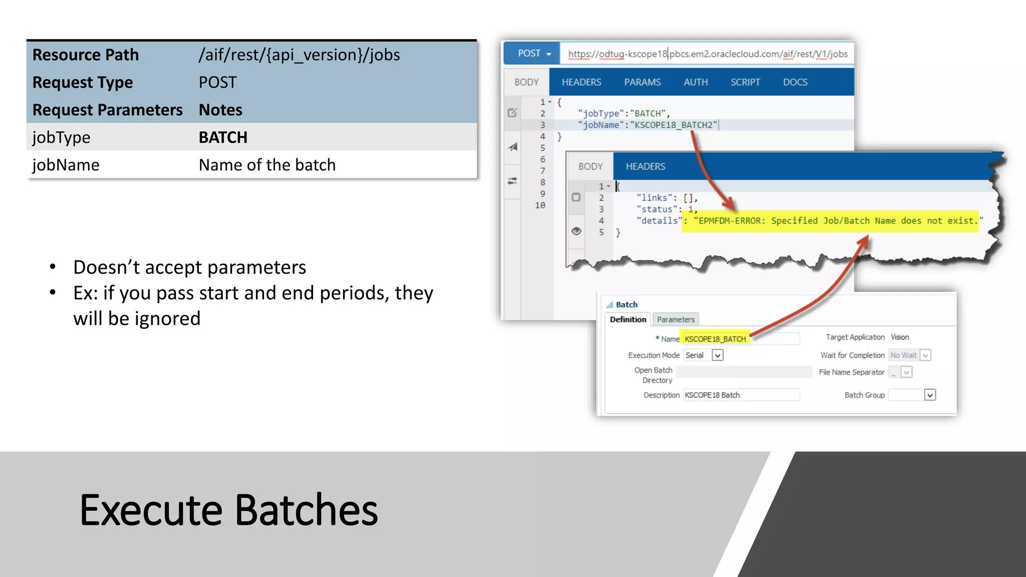 Execute Batches
Resource Path /aif/rest/{api_version}/jobs
Request Type POST
Request Parameters Notes
jobType BATCH
jobName Name of the batch
• Doesn’t accept parameters
• Ex: if you pass start and end periods, they
will be ignored
 