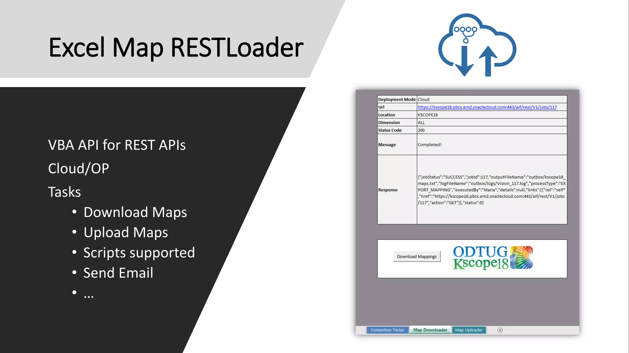 Excel Map RESTLoader
VBA API for REST APIs
Cloud/OP
Tasks
• Download Maps
• Upload Maps
• Scripts supported
• Send Email
• …
 