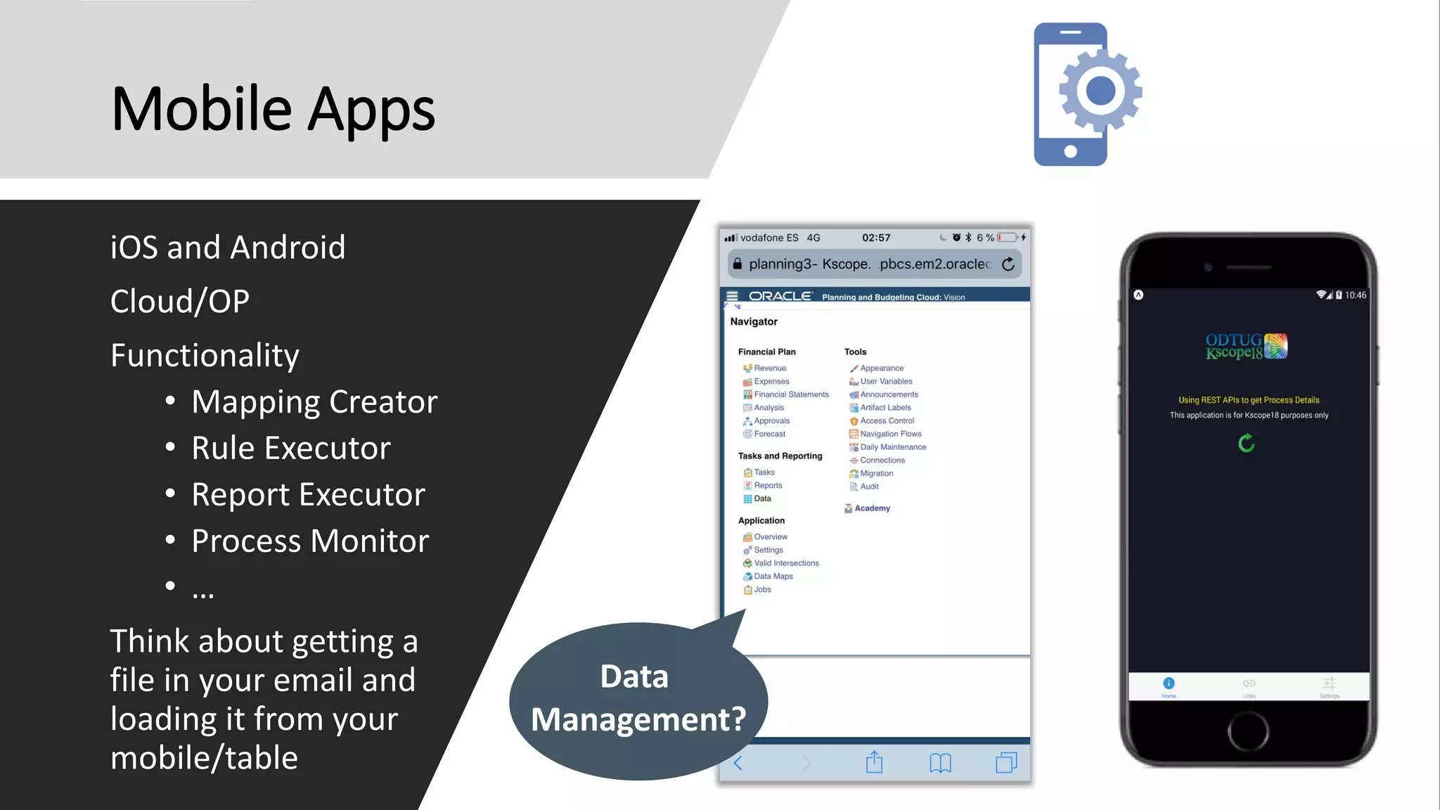 Mobile Apps
iOS and Android
Cloud/OP
Functionality
• Mapping Creator
• Rule Executor
• Report Executor
• Process Monitor
• …
Think about getting a
file in your email and
loading it from your
mobile/table
Data
Management?
Kscope.
 