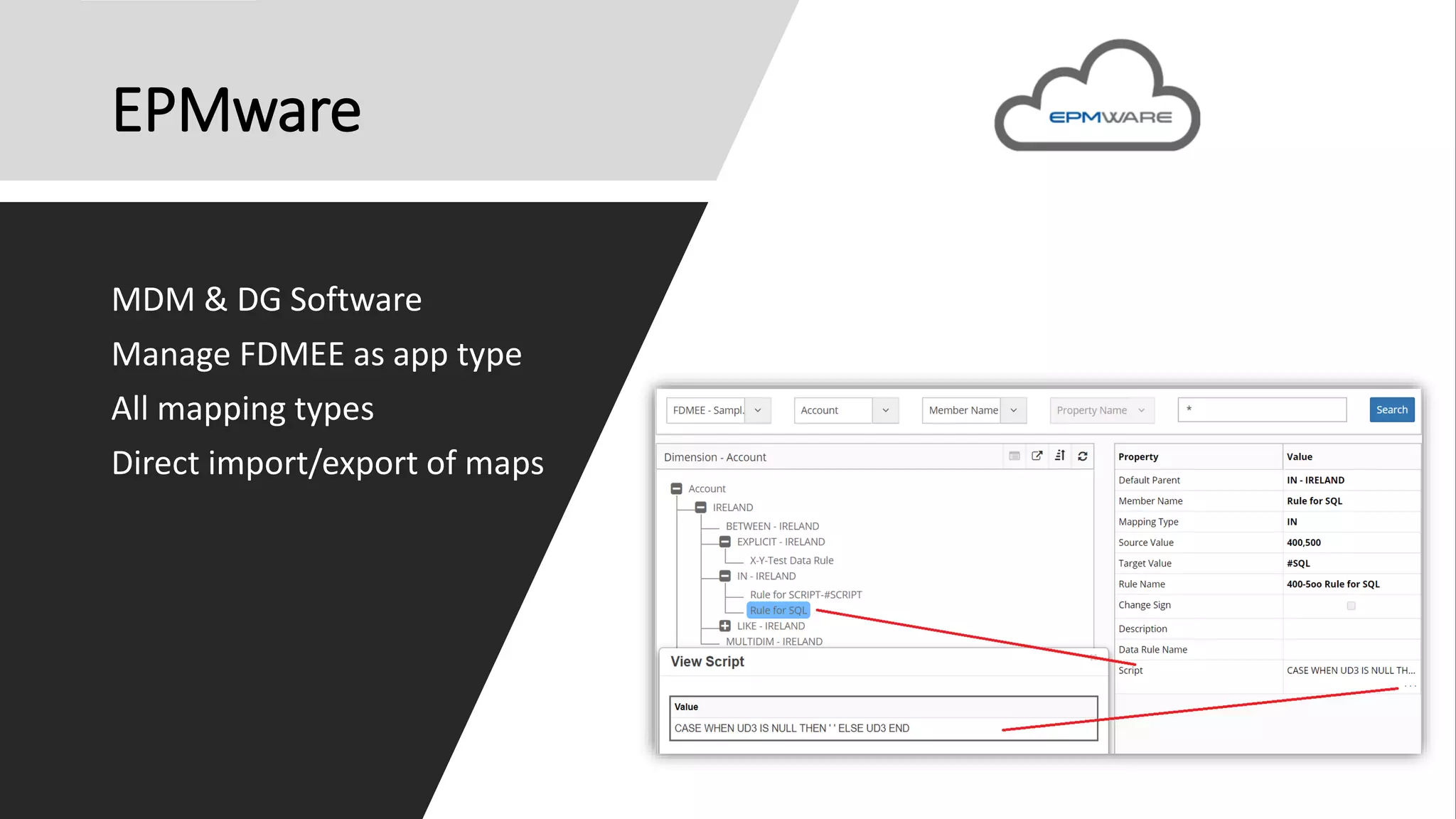 EPMware
MDM & DG Software
Manage FDMEE as app type
All mapping types
Direct import/export of maps
 