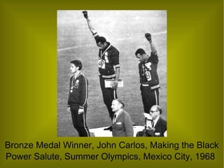 Bronze Medal Winner, John Carlos, Making the Black
Power Salute, Summer Olympics, Mexico City, 1968
 