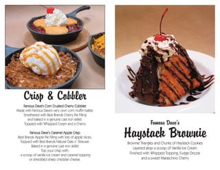Crisp & Cobbler
    Famous Dave's Corn Crusted Cherry Cobbler
Made with Famous Dave's very own corn muffin batter.
   Smothered with Best Brands Cherry Pie Filling
      and baked in a genuine cast iron skillet.
    Topped with Whipped Cream and a Cherry                                Famous Dave’s
          Famous Dave’s Caramel Apple Crisp
 Best Brands Apple Pie Filling with lots of apple slices.
  Topped with Best Brands Natural Oats n’ Streusel.
                                                            Haystack Brownie
                                                            Brownie Triangles and Chunks of Haystack Cookies
           Baked in a genuine cast iron skillet
                                                                 Layered atop a scoop of Vanilla Ice Cream
                 Top your crisp with:
  a scoop of vanilla ice cream and caramel topping            Finished with Whipped Topping, Fudge Drizzle
         or shredded sharp cheddar cheese.                            and a sweet Maraschino Cherry
 