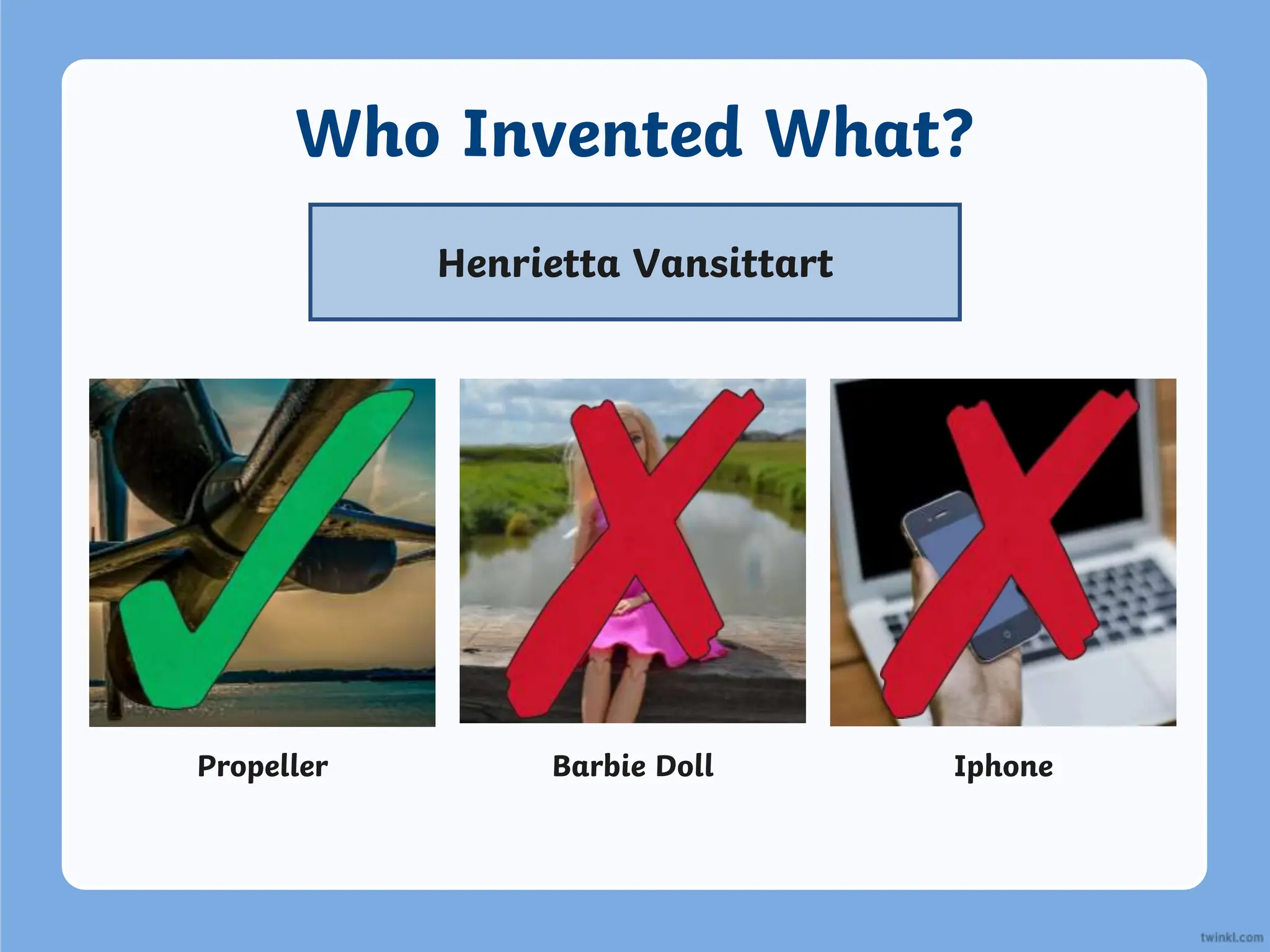 Who Invented What?
Henrietta Vansittart
Propeller Barbie Doll Iphone
 