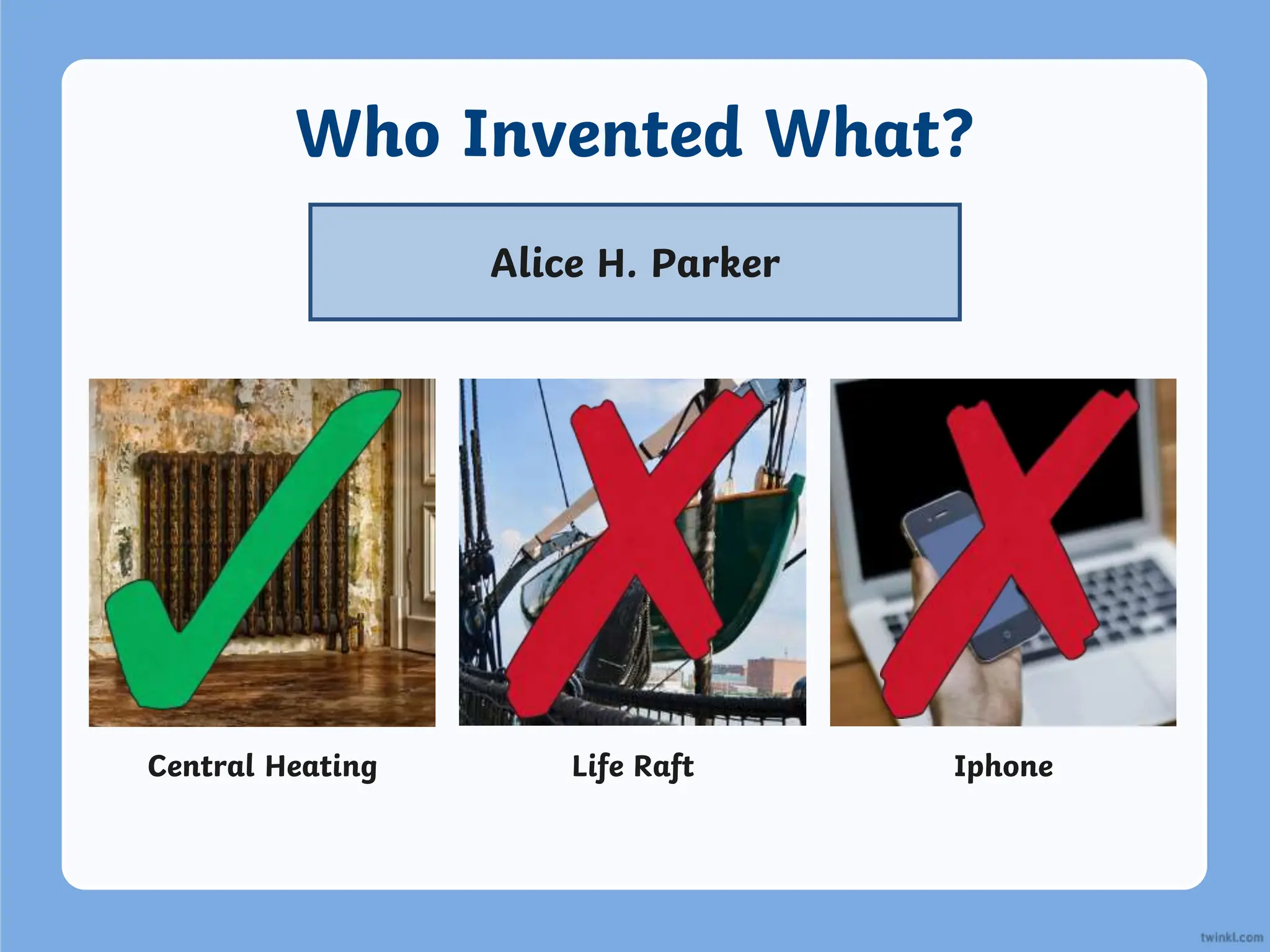 Who Invented What?
Alice H. Parker
Central Heating Life Raft Iphone
 
