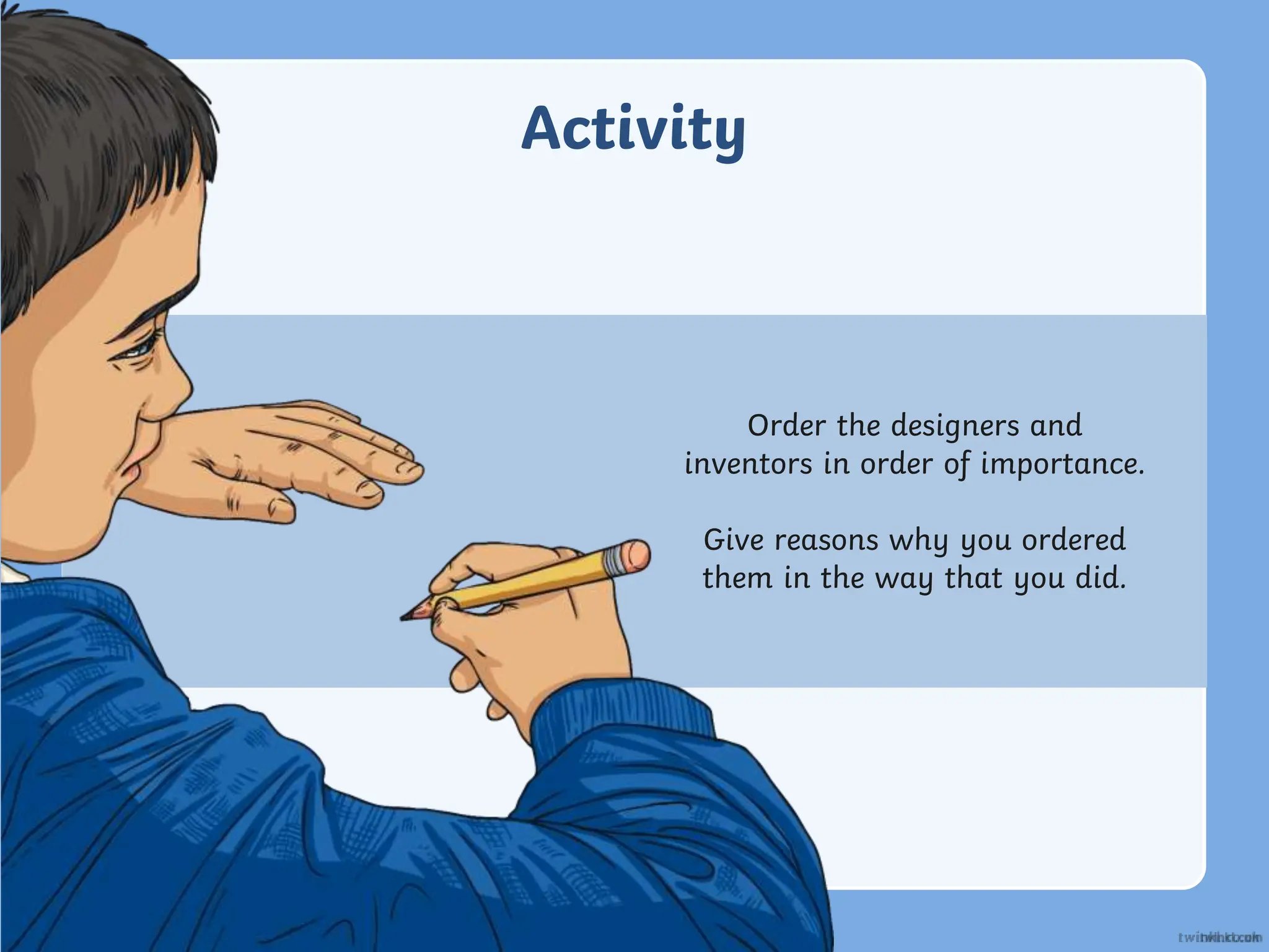 Activity
Order the designers and
inventors in order of importance.
Give reasons why you ordered
them in the way that you did.
 
