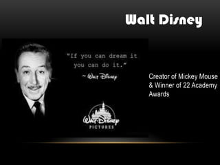 Creator of Mickey Mouse
& Winner of 22 Academy
Awards
Walt Disney
 