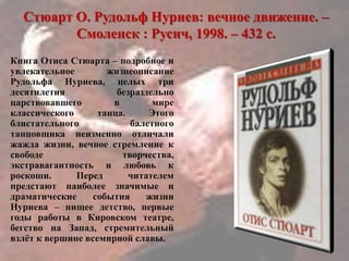 Стюарт О. Рудольф Нуриев: вечное движение. –
Смоленск : Русич, 1998. – 432 с.
Книга Отиса Стюарта – подробное и
увлекательное жизнеописание
Рудольфа Нуриева, целых три
десятилетия безраздельно
царствовавшего в мире
классического танца. Этого
блистательного балетного
танцовщика неизменно отличали
жажда жизни, вечное стремление к
свободе творчества,
экстравагантность и любовь к
роскоши. Перед читателем
предстают наиболее значимые и
драматические события жизни
Нуриева – нищее детство, первые
годы работы в Кировском театре,
бегство на Запад, стремительный
взлѐт к вершине всемирной славы.
 