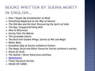  How I Taught My Grandmother to Read
 Something Happened on the Way to Heaven
 The Old Man and His God: Discovering the Spirit of India
 The Day I Stopped Drinking Milk
 Wise & Otherwise
 Gently Falls the Bakula
 The Accolades Galore
 The Bird with Golden Wings: Stories of Wit and Magic
 Dollar Bahu
 Grandma's Bag of Stories (children's fiction)
 The Magic Drum And Other Favourite Stories (children's stories)
 House of Cards
 The Mother I Never Knew'(two novellas)
 Mahashweta
 Three thousand stitches
 HOUSE OF CARDS
 