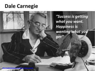 Dale Carnegie
http://optimisticquotes.org/dale-carnegie-quotes/
“Success is getting
what you want.
Happiness is
wanting what you
get”
 