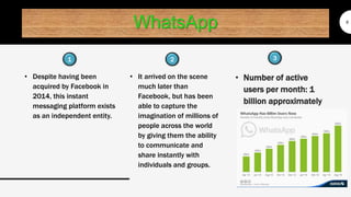 WhatsApp
• Despite having been
acquired by Facebook in
2014, this instant
messaging platform exists
as an independent entity.
6
• It arrived on the scene
much later than
Facebook, but has been
able to capture the
imagination of millions of
people across the world
by giving them the ability
to communicate and
share instantly with
individuals and groups.
• Number of active
users per month: 1
billion approximately
11 32
 