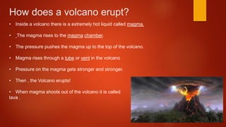 How does a volcano erupt?
• Inside a volcano there is a extremely hot liquid called magma.
• The magma rises to the magma chamber.
• The pressure pushes the magma up to the top of the volcano.
• Magma rises through a tube or vent in the volcano
• Pressure on the magma gets stronger and stronger.
• Then , the Volcano erupts!
• When magma shoots out of the volcano it is called
lava .
 