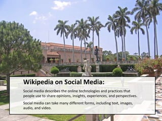 Wikipedia on Social Media:Social media describes the online technologies and practices that people use to share opinions, insights, experiences, and perspectives.Social media can take many different forms, including text, images, audio, and video.