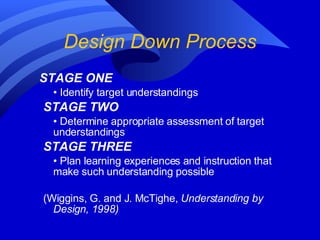 Design Down Process STAGE ONE   •  Identify target understandings STAGE TWO •  Determine appropriate assessment of target understandings STAGE THREE •  Plan learning experiences and instruction that make such understanding possible (Wiggins, G. and J. McTighe,  Understanding by Design, 1998) 