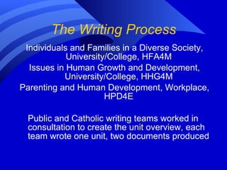 The Writing Process Individuals and Families in a Diverse Society, University/College, HFA4M Issues in Human Growth and Development, University/College, HHG4M Parenting and Human Development, Workplace, HPD4E Public and Catholic writing teams worked in consultation to create the unit overview, each team wrote one unit, two documents produced 