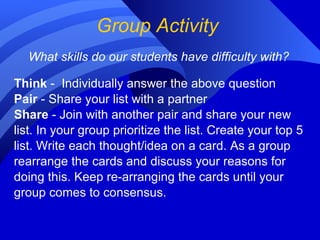 Group Activity What skills do our students have difficulty with? Think  -  Individually answer the above question Pair  - Share your list with a partner  Share  - Join with another pair and share your new list. In your group prioritize the list. Create your top 5 list. Write each thought/idea on a card. As a group  rearrange the cards and discuss your reasons for  doing this. Keep re-arranging the cards until your  group comes to consensus.  
