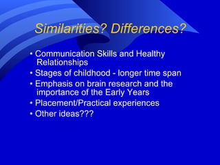 Similarities? Differences? •  Communication Skills and Healthy Relationships •  Stages of childhood - longer time span •  Emphasis on brain research and the importance of the Early Years •  Placement/Practical experiences  •  Other ideas??? 