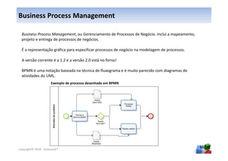 Business Process Management

  Business Process Management, ou Gerenciamento de Processos de Negócio. Inclui a mapeamento,
  projeto e entrega de processos de negócios.

  É a representação gráfica para especificar processos de negócio na modelagem de processos.

  A versão corrente é a 1.2 e a versão 2.0 está no forno!

  BPMN é uma notação baseada na técnica de fluxograma e é muito parecido com diagramas de
  atividades do UML.
                      Exemplo de processo desenhado em BPMN




Copyright© 2010 - Anelosoft®
                                                                                                107
 