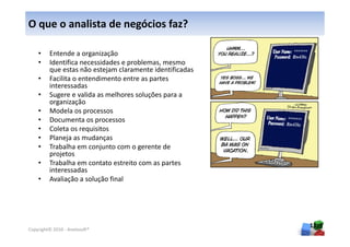 O que o analista de negócios faz?

    •    Entende a organização
    •    Identifica necessidades e problemas, mesmo
         que estas não estejam claramente identificadas
    •    Facilita o entendimento entre as partes
         interessadas
    •    Sugere e valida as melhores soluções para a
         organização
    •    Modela os processos
    •    Documenta os processos
    •    Coleta os requisitos
    •    Planeja as mudanças
    •    Trabalha em conjunto com o gerente de
         projetos
    •    Trabalha em contato estreito com as partes
         interessadas
    •    Avaliação a solução final




                                                          13
Copyright© 2010 - Anelosoft®
 