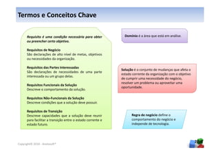 Termos e Conceitos Chave

      Requisito é uma condição necessária para obter           Domínio é a área que está em análise.
      ou preencher certo objetivo.

      Requisitos de Negócio
      São declarações de alto nível de metas, objetivos
      ou necessidades da organização.

      Requisitos das Partes Interessadas
                                                             Solução é o conjunto de mudanças que afeta o
      São declarações de necessidades de uma parte
                                                             estado corrente da organização com o objetivo
      interessada ou um grupo delas.
                                                             de cumprir uma necessidade do negócio,
                                                             resolver um problema ou aproveitar uma
      Requisitos Funcionais da Solução
                                                             oportunidade.
      Descreve o comportamento da solução.

      Requisitos Não-Funcionais da Solução
      Descreve condições que a solução deve possuir.

      Requisitos de Transição
      Descreve capacidades que a solução deve reunir               Regra de negócio define o
      para facilitar a transição entre o estado corrente e         comportamento do negócio e
      estado futuro.                                               independe de tecnologia.



                                                                                                             20
Copyright© 2010 - Anelosoft®
 