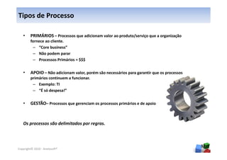 Tipos de Processo

   •    PRIMÁRIOS – Processos que adicionam valor ao produto/serviço que a organização
        fornece ao cliente.
         – “Core business”
         – Não podem parar
         – Processos Primários = $$$


   •    APOIO – Não adicionam valor, porém são necessários para garantir que os processos
        primários continuem a funcionar.
         – Exemplo: TI
         – “É só despesa!”


   •    GESTÃO– Processos que gerenciam os processos primários e de apoio



   Os processos são delimitados por regras.



                                                                                            32
Copyright© 2010 - Anelosoft®
 