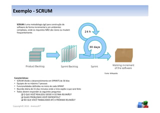 Exemplo - SCRUM

   SCRUM é uma metodologia ágil para construção de
   software de forma incremental e em ambientes
   complexos, onde os requisitos NÃO são claros ou mudam
   frequentemente.




                                                                          Fonte: Wikipedia

 Características:
 • SCRUM divide o desenvolvimento em SPRINTS de 30 dias
 • Equipes de no máximo 7 pessoas
 • Funcionalidades definidas no início de cada SPRINT
 • Reunião diária de 15 dias minutos onde o time expõe o que será feito
 • Todos devem responder às seguintes perguntas:
           O QUE VOCÊ REALIZOU DESDE A ÚLTIMA REUNIÃO?
           QUAIS PROBLEMAS VOCÊ ENFRENTOU?
           NO QUE VOCÊ TRABALHARÁ ATÉ A PRÓXIMA REUNIÃO?
                                                                                             41
Copyright© 2010 - Anelosoft®
 