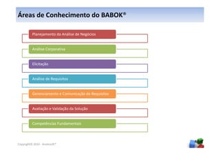 Áreas de Conhecimento do BABOK®

          Planejamento da Análise de Negócios


          Análise Corporativa


          Elicitação


          Análise de Requisitos


          Gerenciamento e Comunicação de Requisitos


          Avaliação e Validação da Solução


          Competências Fundamentais



                                                      44
Copyright© 2010 - Anelosoft®
 