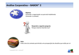Análise Corporativa – BABOK® 2

                                 Objetivo
                                 •Entender a organização na qual está trabalhando
                                 •Entender o contexto




                                          Responde a seguinte pergunta
                                          Porque estamos fazendo isso?




                       Valor
                       Visão clara do contexto permitindo uma prospecção dos desafios que estão por vir



  Copyright© 2010 - Anelosoft®                                                                       68
 