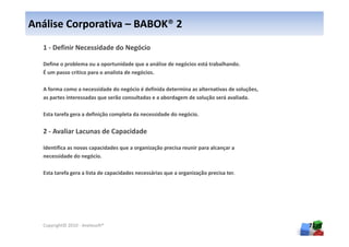 Análise Corporativa – BABOK® 2
  1 - Definir Necessidade do Negócio

  Define o problema ou a oportunidade que a análise de negócios está trabalhando.
  É um passo crítico para o analista de negócios.

  A forma como a necessidade do negócio é definida determina as alternativas de soluções,
  as partes interessadas que serão consultadas e a abordagem de solução será avaliada.

  Esta tarefa gera a definição completa da necessidade do negócio.


  2 - Avaliar Lacunas de Capacidade

  Identifica as novas capacidades que a organização precisa reunir para alcançar a
  necessidade do negócio.

  Esta tarefa gera a lista de capacidades necessárias que a organização precisa ter.




  Copyright© 2010 - Anelosoft®                                                              71
 