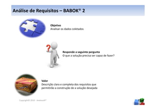 Análise de Requisitos – BABOK® 2

                                 Objetivo
                                 Analisar os dados coletados




                                          Responde a seguinte pergunta
                                          O que a solução precisa ser capaz de fazer?




                        Valor
                        Descrição clara e completa dos requisitos que
                        permitirão a construção de a solução desejada



  Copyright© 2010 - Anelosoft®                                                          77
 