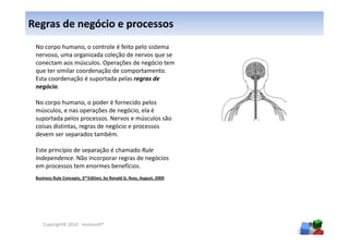 Regras de negócio e processos
 No corpo humano, o controle é feito pelo sistema
 nervoso, uma organizada coleção de nervos que se
 conectam aos músculos. Operações de negócio tem
 que ter similar coordenação de comportamento.
 Esta coordenação é suportada pelas regras de
 negócio.

 No corpo humano, o poder é fornecido pelos
 músculos, e nas operações de negócio, ela é
 suportada pelos processos. Nervos e músculos são
 coisas distintas, regras de negócio e processos
 devem ser separados também.

 Este princípio de separação é chamado Rule
 Independence. Não incorporar regras de negócios
 em processos tem enormes benefícios.
 Business Rule Concepts, 3rd Edition, by Ronald G. Ross, August, 2009




    Copyright© 2010 - Anelosoft®                                        99
 
