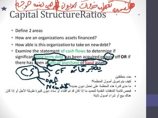 Capital StructureRatios
• Define 2 areas
• How are an organizations assets financed?
• How able is this organizationto take on newdebt?
• Examine the statement of cash flows to determine if
significantlong term debt has been acquired or paid offOR if
there has been a sale or purchase offixed assets
•
‫منطقتين‬ ‫حدد‬
•
‫المنظمة؟‬ ‫أصول‬ ‫تمويل‬ ‫يتم‬ ‫كيف‬
•
‫جديدة؟‬ ‫ديون‬ ‫تحمل‬ ‫على‬ ‫المنظمة‬ ‫هذه‬ ‫قدرة‬ ‫مدى‬ ‫ما‬
•
‫األ‬ ‫طويلة‬ ‫كبيرة‬ ‫ديون‬ ‫سداد‬ ‫أو‬ ‫اقتناء‬ ‫تم‬ ‫قد‬ ‫كان‬ ‫إذا‬ ‫ما‬ ‫لتحديد‬ ‫النقدية‬ ‫التدفقات‬ ‫قائمة‬ ‫فحص‬
‫كان‬ ‫إذا‬ ‫أو‬ ‫جل‬
‫ثابتة‬ ‫أصول‬ ‫شراء‬ ‫أو‬ ‫بيع‬ ‫هناك‬
 