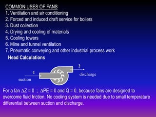 COMMON USES OF FANS
1. Ventilation and air conditioning
2. Forced and induced draft service for boilers
3. Dust collection
4. Drying and cooling of materials
5. Cooling towers
6. Mine and tunnel ventilation
7. Pneumatic conveying and other industrial process work
Head Calculations
2
1

discharge

suction

For a fan Z = 0 ; PE = 0 and Q = 0, because fans are designed to
overcome fluid friction. No cooling system is needed due to small temperature
differential between suction and discharge.

 