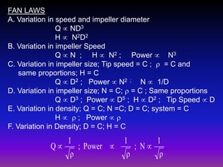 FAN LAWS
A. Variation in speed and impeller diameter
Q  ND3
H  N2D2
B. Variation in impeller Speed
Q  N ; H  N2 ; Power  N3
C. Variation in impeller size; Tip speed = C ;  = C and
same proportions; H = C
Q  D2 ; Power  N2 ; N  1/D
D. Variation in impeller size; N = C;  = C ; Same proportions
Q  D3 ; Power  D5 ; H  D2 ; Tip Speed  D
E. Variation in density; Q = C; N =C; D = C; system = C
H   ; Power  
F. Variation in Density; D = C; H = C

1
Q
; Power 
ρ

1
1
; N
ρ
ρ

 