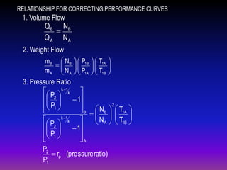 RELATIONSHIP FOR CORRECTING PERFORMANCE CURVES

1. Volume Flow

Q B NB

Q A NA

2. Weight Flow
mB  NB   P1B
  
m A  N A   P1A
 

  T1A

 T
  1B






3. Pressure Ratio
 P  k 1k 
 2 
 1
P 
2
 1 


 B   NB   T1A
  
N  T
k 1
 P  k 
 A   1B
2
 
 1
P 
 1 


A
P2
 rp (pressure ratio)
P1






 
