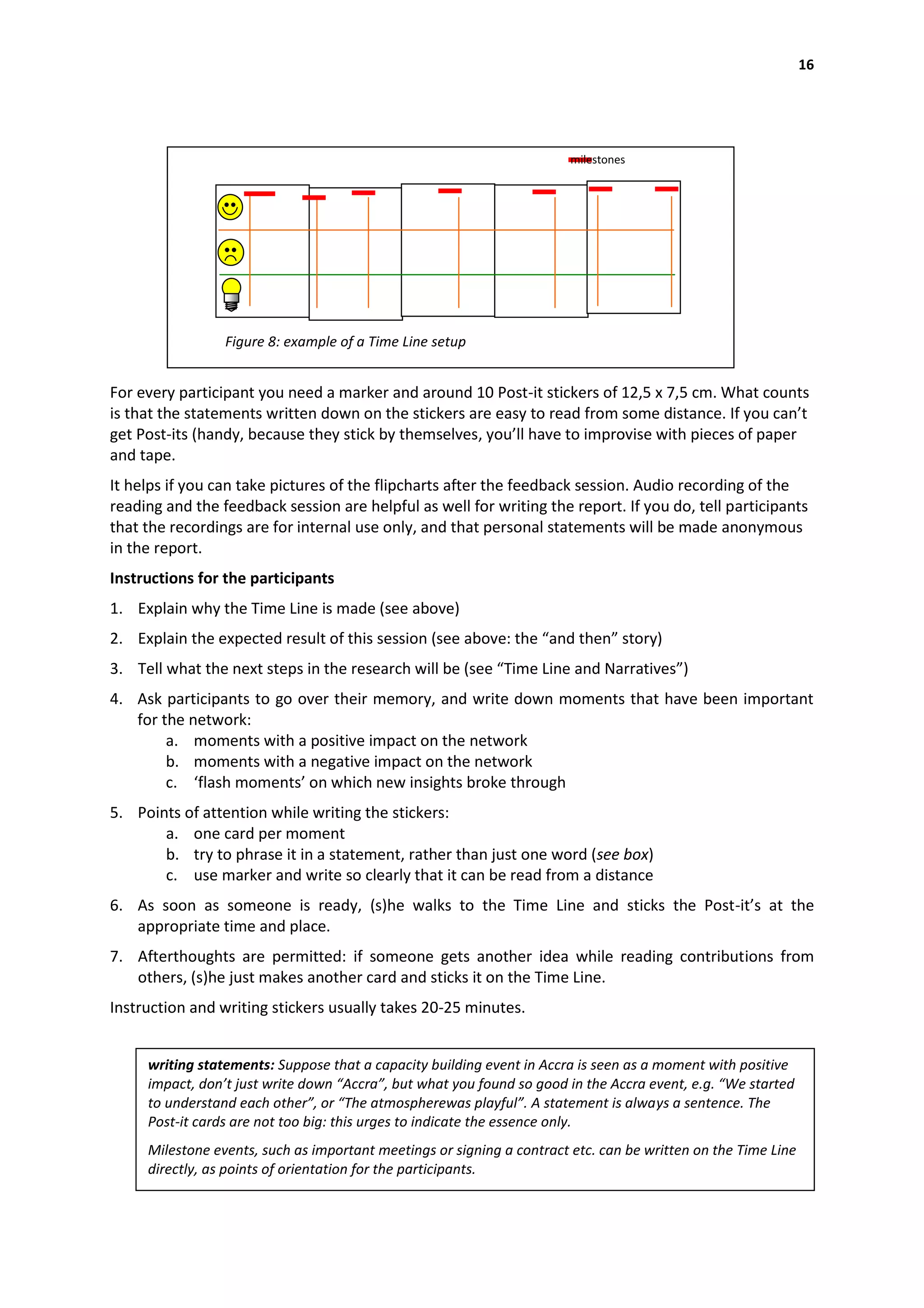 16




                                                                        milestones




                 Figure 8: example of a Time Line setup


For every participant you need a marker and around 10 Post-it stickers of 12,5 x 7,5 cm. What counts
is that the statements written down on the stickers are easy to read from some distance. If you can’t
get Post-its (handy, because they stick by themselves, you’ll have to improvise with pieces of paper
and tape.
It helps if you can take pictures of the flipcharts after the feedback session. Audio recording of the
reading and the feedback session are helpful as well for writing the report. If you do, tell participants
that the recordings are for internal use only, and that personal statements will be made anonymous
in the report.
Instructions for the participants
1. Explain why the Time Line is made (see above)
2. Explain the expected result of this session (see above: the “and then” story)
3. Tell what the next steps in the research will be (see “Time Line and Narratives”)
4. Ask participants to go over their memory, and write down moments that have been important
   for the network:
        a. moments with a positive impact on the network
        b. moments with a negative impact on the network
        c. ‘flash moments’ on which new insights broke through
5. Points of attention while writing the stickers:
       a. one card per moment
       b. try to phrase it in a statement, rather than just one word (see box)
       c. use marker and write so clearly that it can be read from a distance
6. As soon as someone is ready, (s)he walks to the Time Line and sticks the Post-it’s at the
   appropriate time and place.
7. Afterthoughts are permitted: if someone gets another idea while reading contributions from
   others, (s)he just makes another card and sticks it on the Time Line.
Instruction and writing stickers usually takes 20-25 minutes.


     writing statements: Suppose that a capacity building event in Accra is seen as a moment with positive
     impact, don’t just write down “Accra”, but what you found so good in the Accra event, e.g. “We started
     to understand each other”, or “The atmospherewas playful”. A statement is always a sentence. The
     Post-it cards are not too big: this urges to indicate the essence only.
     Milestone events, such as important meetings or signing a contract etc. can be written on the Time Line
     directly, as points of orientation for the participants.
 