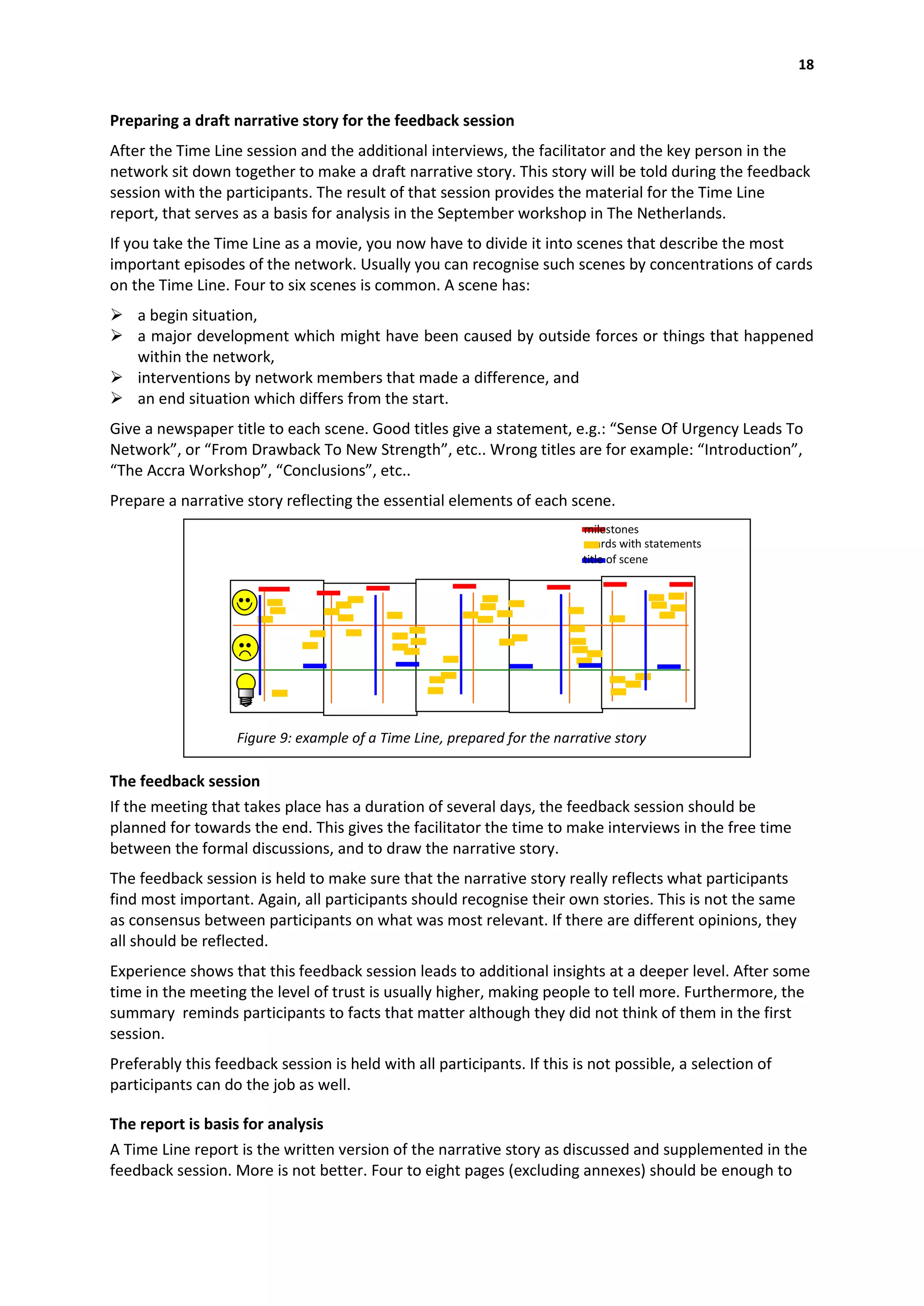 18


Preparing a draft narrative story for the feedback session
After the Time Line session and the additional interviews, the facilitator and the key person in the
network sit down together to make a draft narrative story. This story will be told during the feedback
session with the participants. The result of that session provides the material for the Time Line
report, that serves as a basis for analysis in the September workshop in The Netherlands.
If you take the Time Line as a movie, you now have to divide it into scenes that describe the most
important episodes of the network. Usually you can recognise such scenes by concentrations of cards
on the Time Line. Four to six scenes is common. A scene has:
 a begin situation,
 a major development which might have been caused by outside forces or things that happened
  within the network,
 interventions by network members that made a difference, and
 an end situation which differs from the start.
Give a newspaper title to each scene. Good titles give a statement, e.g.: “Sense Of Urgency Leads To
Network”, or “From Drawback To New Strength”, etc.. Wrong titles are for example: “Introduction”,
“The Accra Workshop”, “Conclusions”, etc..
Prepare a narrative story reflecting the essential elements of each scene.
                                                                          milestones
                                                                            cards with statements
                                                                          title of scene




                   Figure 9: example of a Time Line, prepared for the narrative story

The feedback session
If the meeting that takes place has a duration of several days, the feedback session should be
planned for towards the end. This gives the facilitator the time to make interviews in the free time
between the formal discussions, and to draw the narrative story.
The feedback session is held to make sure that the narrative story really reflects what participants
find most important. Again, all participants should recognise their own stories. This is not the same
as consensus between participants on what was most relevant. If there are different opinions, they
all should be reflected.
Experience shows that this feedback session leads to additional insights at a deeper level. After some
time in the meeting the level of trust is usually higher, making people to tell more. Furthermore, the
summary reminds participants to facts that matter although they did not think of them in the first
session.
Preferably this feedback session is held with all participants. If this is not possible, a selection of
participants can do the job as well.

The report is basis for analysis
A Time Line report is the written version of the narrative story as discussed and supplemented in the
feedback session. More is not better. Four to eight pages (excluding annexes) should be enough to
 