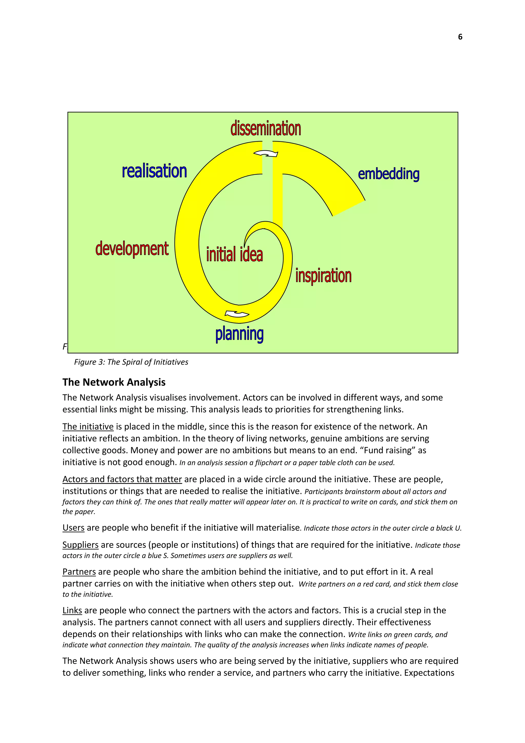 6




Figure 3: The Spiral of Initiatives
    Figure 3: The Spiral of Initiatives

The Network Analysis
The Network Analysis visualises involvement. Actors can be involved in different ways, and some
essential links might be missing. This analysis leads to priorities for strengthening links.
The initiative is placed in the middle, since this is the reason for existence of the network. An
initiative reflects an ambition. In the theory of living networks, genuine ambitions are serving
collective goods. Money and power are no ambitions but means to an end. “Fund raising” as
initiative is not good enough. In an analysis session a flipchart or a paper table cloth can be used.
Actors and factors that matter are placed in a wide circle around the initiative. These are people,
institutions or things that are needed to realise the initiative. Participants brainstorm about all actors and
factors they can think of. The ones that really matter will appear later on. It is practical to write on cards, and stick them on
the paper.

Users are people who benefit if the initiative will materialise. Indicate those actors in the outer circle a black U.
Suppliers are sources (people or institutions) of things that are required for the initiative. Indicate those
actors in the outer circle a blue S. Sometimes users are suppliers as well.

Partners are people who share the ambition behind the initiative, and to put effort in it. A real
partner carries on with the initiative when others step out. Write partners on a red card, and stick them close
to the initiative.

Links are people who connect the partners with the actors and factors. This is a crucial step in the
analysis. The partners cannot connect with all users and suppliers directly. Their effectiveness
depends on their relationships with links who can make the connection. Write links on green cards, and
indicate what connection they maintain. The quality of the analysis increases when links indicate names of people.

The Network Analysis shows users who are being served by the initiative, suppliers who are required
to deliver something, links who render a service, and partners who carry the initiative. Expectations
 