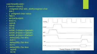 void timer0(void) i
{ clock=~clock;}
• unsigned char adc_start(unsigned char
kkk )
• { unsigned char value;
• TR0=1;
• MYDATA=0XFF;
• EOC=1;
• ALE=0;
• OE=0;
• SC=0;
• ADDR_C=(kkk>>2)&0x01;
• ADDR_B=(kkk>>1)&0x01;
• ADDR_A=(kkk>>0)&0x01;
• delay(50);//for 4ms
• ALE=1;
• delay(50);//for 4ms
• SC=1;
• delay(50);//for 4ms
•
ALE=0;
•
SC=0;

 