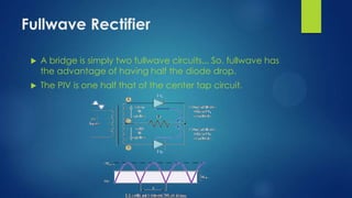 Fullwave Rectifier


A bridge is simply two fullwave circuits... So. fullwave has
the advantage of having half the diode drop.



The PIV is one half that of the center tap circuit.

 