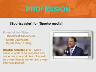 PROFESSION
Potential Job Titles
:

 

• Sports Journalist
s

• Sports Video Editin
g

BRAND ARCHETYPE - When I
come to work I’ll be prepared and
come ready to work. Also, I would
be a very friendly worker and a very
everyday person.
[Sportscaster] for [Sports/ media]
• Broadcast Announcers
 