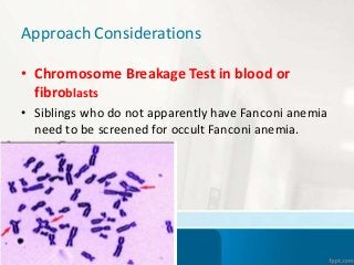 Approach Considerations
• Chromosome Breakage Test in blood or
fibroblasts
• Siblings who do not apparently have Fanconi anemia
need to be screened for occult Fanconi anemia.
 