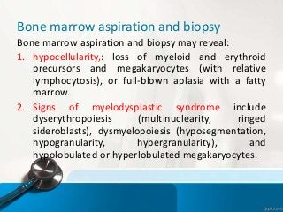 Bone marrow aspiration and biopsy
Bone marrow aspiration and biopsy may reveal:
1. hypocellularity,: loss of myeloid and erythroid
precursors and megakaryocytes (with relative
lymphocytosis), or full-blown aplasia with a fatty
marrow.
2. Signs of myelodysplastic syndrome include
dyserythropoiesis (multinuclearity, ringed
sideroblasts), dysmyelopoiesis (hyposegmentation,
hypogranularity, hypergranularity), and
hypolobulated or hyperlobulated megakaryocytes.
 