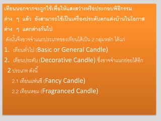 เทียนนอกจำกจะถูกใช้เพื่อให้แสงสว่ำงหรือประกอบพิธีกรรม
ต่ำง ๆ แล้ว ยังสำมำรถใช้เป็นเครื่องประดับตกแต่งบ้ำนในโอกำส
ต่ำง ๆ แตกต่ำงกันไป
ดังนั้นจึงอาจจาแนกประเภทของเทียนได้เป็น 2 กลุ่มหลัก ได้แก่
1. เทียนทั่วไป (Basic or General Candle)
2. เทียนประดับ (Decorative Candle) ซึ่งอาจจาแนกย่อยได้อีก
2 ประเภท ดังนี้
2.1 เทียนแฟนซี (Fancy Candle)
2.2 เทียนหอม (Fragranced Candle)
 