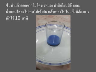 4. นำแก้วออกจำกไมโครเวฟและนำสีเทียนสีฟ้ำและ
น้ำหอมใส่ลงไป คนให้เข้ำกัน แล้วเทลงไปในแก้วที่ต้องกำร
พักไว้10 นำที
 