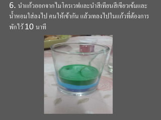 6. นำแก้วออกจำกไมโครเวฟและนำสีเทียนสีเขียวเข้มและ
น้ำหอมใส่ลงไป คนให้เข้ำกัน แล้วเทลงไปในแก้วที่ต้องกำร
พักไว้10 นำที
 