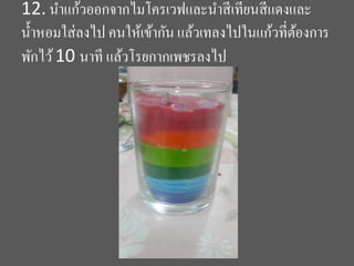 12. นำแก้วออกจำกไมโครเวฟและนำสีเทียนสีแดงและ
น้ำหอมใส่ลงไป คนให้เข้ำกัน แล้วเทลงไปในแก้วที่ต้องกำร
พักไว้10 นำที แล้วโรยกำกเพชรลงไป
 