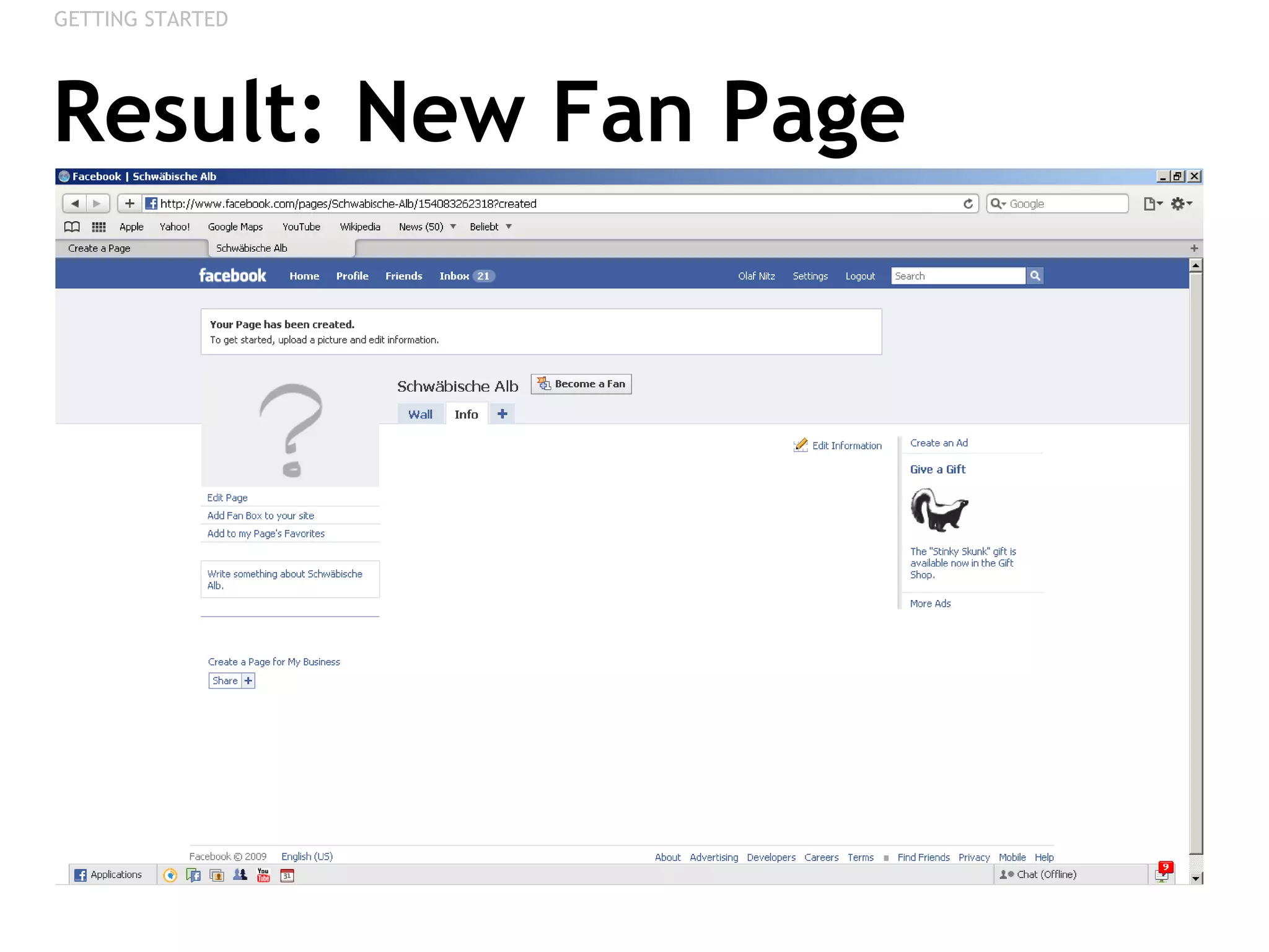 Result: New Fan Page GETTING STARTED 