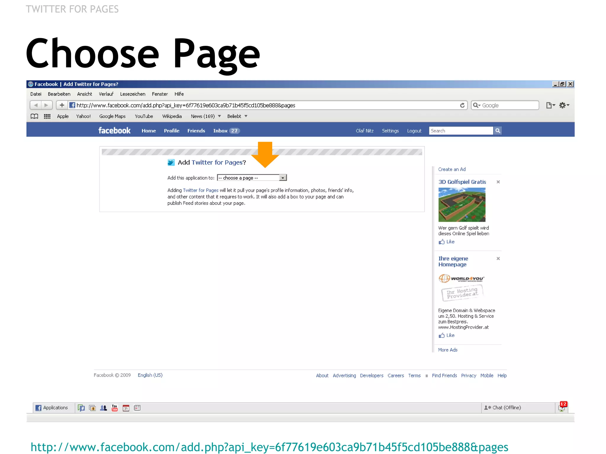 Choose Page http://www.facebook.com/add.php?api_key=6f77619e603ca9b71b45f5cd105be888&pages   TWITTER FOR PAGES 